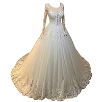 Women's Long Sleeves Lace Sequins Wedding Dresses for Bride Bridal Plus Size Ball Gown with Train