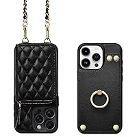 LAMEEKU Wallet Case for iPhone 15 Pro, 360°Rotation Ring Kickstand,Quilted Leather Card Holder with Crossbody Chain