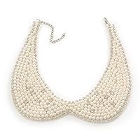 Avalaya White Fau Pearl Clear Crystal Felt Peter Pan Collar Necklace In Silver Plating - 28cm L/ 7cm Ext