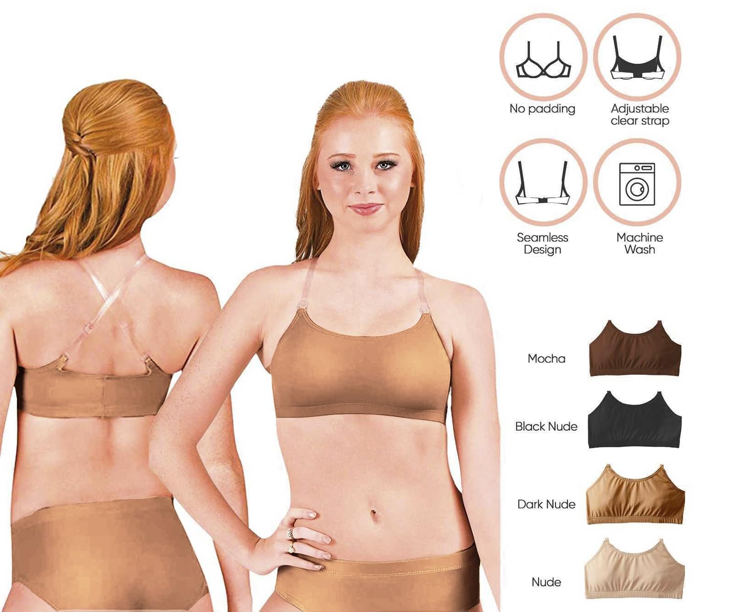 Clementine Apparel - Girls and Women Dance Bra with Clear Detachable Straps Unpadded & Seamless