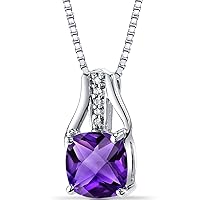 PEORA Amethyst and Diamond Pendant for Women 14K White Gold, Genuine Gemstone, 2 Carats Cushion Cut 8mm with 18 inch Chain