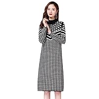 Autumn and Winter Long-Sleeved Knitted Skirt Houndstooth Knitted Dress Woman Striped Casual Sweater Dress