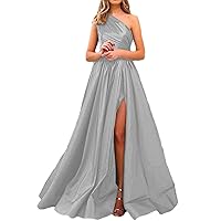 A-Line Elegant Wedding Guest Dress One Shoulder Sleeveless Sweep-Brush Train Prom Dress with Pleated Split 2024