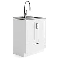 SIMPLIHOME Reed Transitional 28 inch Deluxe Laundry Cabinet with Pull-out Faucet and Stainless Steel Sink with Storage Compartment and 1 drawer, for the Laundry room, Utility room, Transitional
