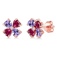 Gem Stone King 18K Rose Gold Plated Silver Blue Tanzanite Red Created Ruby and White Lab Grown Diamond Earrings For Women | 2.15 Cttw | Gemstone December Birthstone | Heart Shape 4MM