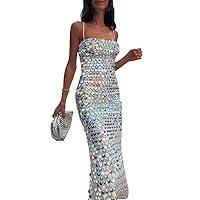 Women's Glitter Sequin Dress Sparkly Spaghetti Strap Sleeveless Midi Party Dresses