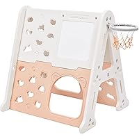 5-in-1 Toddler Climber Basketball Hoop Set Kids Playground Climber Playset with Tunnel, Climber, Whiteboard,Toy Building Block Baseplates, Combination for Babies（Light Pink）