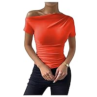 SOLY HUX Women's Ruched Asymmetrical Neck Tee Short Sleeve Solid Fitted T Shirt Top