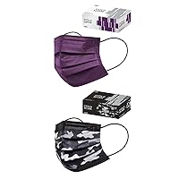 CSD Colo 30 Pcs Ultra Violet + 30 Pcs Black Camo Disposable Face Masks Bundle - 3 Ply Breathable Mask with Elastic Ear Loop for Adults