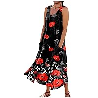 Linen Dresses for Women Beach Dresses for Women 2024 Floral Print Bohemian Casual Loose Fit Flowy with Sleeveless U Neck Linen Dress Black 5X-Large