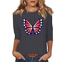 4Th of July Outfits for Women 3/4 Sleeve Crew Neck T Shirts Trendy Butterfly Printed Graphic Tees Fourth of July Blouses