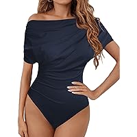 LilyCoco Women's Off The Shoulder Bodysuit Sexy Short Sleeve Ruched Bodycon One Piece Tops