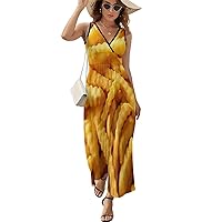 Crinkle Cut Crispy Golden Fried Potato Chips Sundresses for Women V Neck Sleeveless Maxi Summer Long Dresses