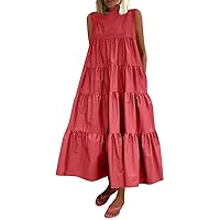 Plus Size Dresses for Curvy Women, 2024 Round Neck Summer Casual Sundress Ruffle Hem Swing Tiered Maxi Dress Women Caribbean Dresses Maxi Sleeveless Midi Dresses Casual Dresses (5XL, Red)