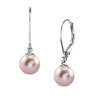 THE PEARL SOURCE 14K Gold AAAA Quality Round Genuine Pink Freshwater Cultured Pearl Leverback Earrings for Women