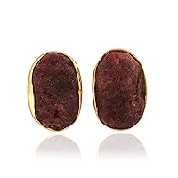 Guntaas Gems Raw Rough Ruby July Birthstone Brass Gold Electroplated Push Back Stud Earrings For Her