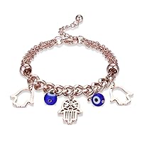 Blue Evil Eye Bracelet Stainless Steel Hand of Fatima Hamsa Charm Rose Gold Link Wristband