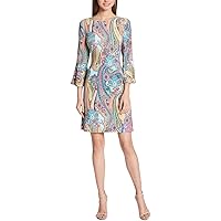 Tommy Hilfiger Women's Petite Round Neck Printed Bell Sleeve Dress, Hot Pink Multi