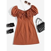 Women's Dress Tie Front Ruched Bust Puff Sleeve Dress Summer Dress (Color : Brown, Size : Medium)