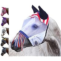 Derby Originals Patriotic Reflective Safety Horse Fly Mask with Ears and Nose Cover Fringes,Full Horse (Large)