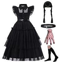 Wednesday Addams Costume Dress, 4-13 Years Outfits with Accessories Dress Up Set, Family Halloween Cosplay Party