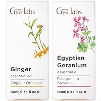 Ginger Oil for Belly Fat & Pain & Geranium Oil for Skin Set - 100% Pure Therapeutic Grade Essential Oils Set - 2x0.34 fl oz - Gya Labs