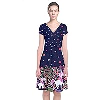 PattyCandy Womens Knee Length Short Sleeve Jersey/Unicorns Floral Prints Front Wrap Dress