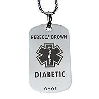 Custom Engraved Diabetes Diabetic Medical Alert Tag Pendant Necklace in Gold or Silver (Silver) - Free Personalization
