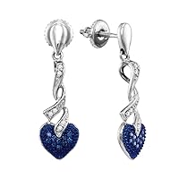 Sterling Silver Womens Round Blue Color Enhanced Diamond Heart Screwback Dangle Earrings 1/5 Cttw