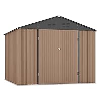 8x8 FT Metal Outdoor Storage Shed, Steel Utility Tool Shed Storage House with Lockable Door Design, Metal Sheds Outdoor Storage for Garden, Patio, Backyard, Outside Use, Brown