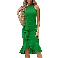 Women's Sexy Bag Hip Slim-Fit Stand Collar Solid Color Sleeveless Ruffled Fishtail Skirt Club Party Cocktail Dresses