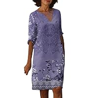 Short Sleeve Shift Classic Dress Woman Spring Work V Neck Print Dresses Womens Comfort Cotton Comfortable Purple XXL