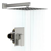 Lordear Rain Shower System 10 Inch Rain Shower Head,Stainless Steel Wall Mount 10” Square Shower Head Combo,Brushed Nickel,Contain Rough-In Valve Body and Trim