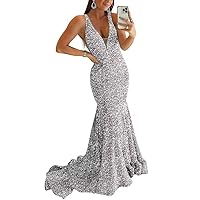 Sparkly Sequin Prom Dresses for Women Long Mermaid Deep V-Neck Formal Evening Party Gowns