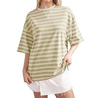 Women's Summer Tops Oversized Striped T-Shirts Color Block Short Sleeve T-Shirts Crew Neck Casual Summer Tops