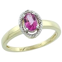10K Yellow Gold Diamond Halo Natural Pink Topaz Ring Oval 6X4 mm, 3/8 inch wide, sizes 5-10