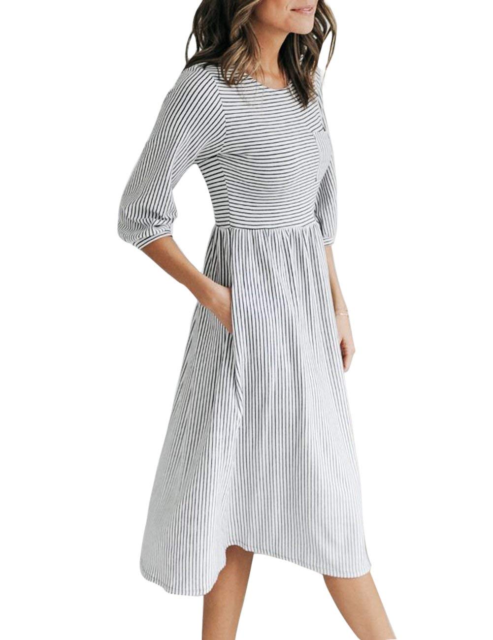 MEROKEETY Women's 3/4 Balloon Sleeve Striped High Waist T Shirt Midi Dress with Pockets