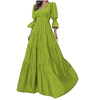 Women's V Neck Pleated Tiered Maxi Long Formal Dress Smocked 3/4 Sleeve Deep Keyhole Back Solid Empire Waist Dress