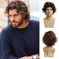 Sallcks Mens Brown Wig Short Curly Wavy Brown Wig Stylish Synthetic Hair Halloween Costume Wigs for Men