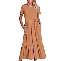 Daily Deals T-Shirt Dress for Women Crewneck Short Sleeve Tunic Dresses Casual Tiered Ruffle Swing Dress with Pocket Casual Dresses Linen Dresses for Women Khaki