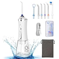 Water Flosser for Teeth Cleaner Cordless, Water Dental Flosser Portable and Rechargeable, 5 Pressure Levels, 6 Jet Tips, Home and Travel, IPX7 Waterproof, 300ml Reservoir, White