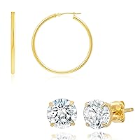 14k Yellow Gold Hoop and CZ Earrings with Genuine Round Crystal for Women & Men | Gold Earring with Click Tops and CZ Studs with Gold Earring Backs | 1.3 Inches Large and 1 Carat total by MAX + STONE