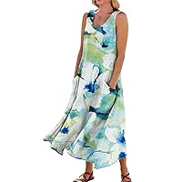 HTHLVMD Plus Size Summer Dresses for Women 2024 Casual Cotton Linen Sundress Crew Neck Sleeveless Maxi Dresses with Pockets