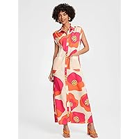 Dresses for Women - Floral Print Button Front Shirt Dress (Color : Multicolor, Size : Medium)
