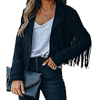 chouyatou Women's Fashion Notched Collar Open-Front Fringed Performance Moto Faux Suede Leather Crop Jacket Coat