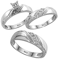 Genuine 925 Sterling Silver Diamond Trio Wedding Sets for Him and Her L Grooves 3-piece 6mm & 4.5mm wide 0.10 cttw Brilliant Cut sizes 5-14