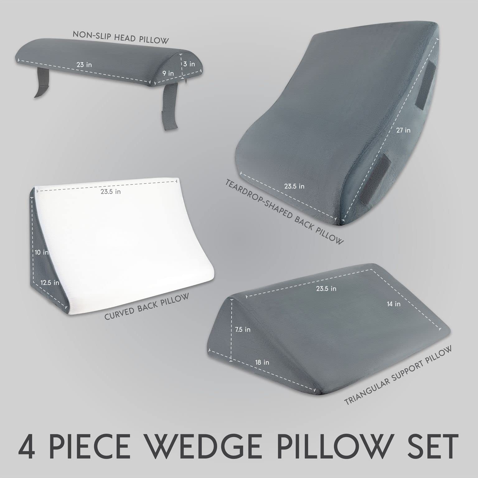 4 Pcs Orthopedic Bed Wedge Pillow Set – Post Surgery, Relaxing, Back & Adjustable Head Support Cushion – Triangle Memory Foam Pillow for Acid Reflux, Sleeping, Reading, Leg Elevation, Snoring (GREY)