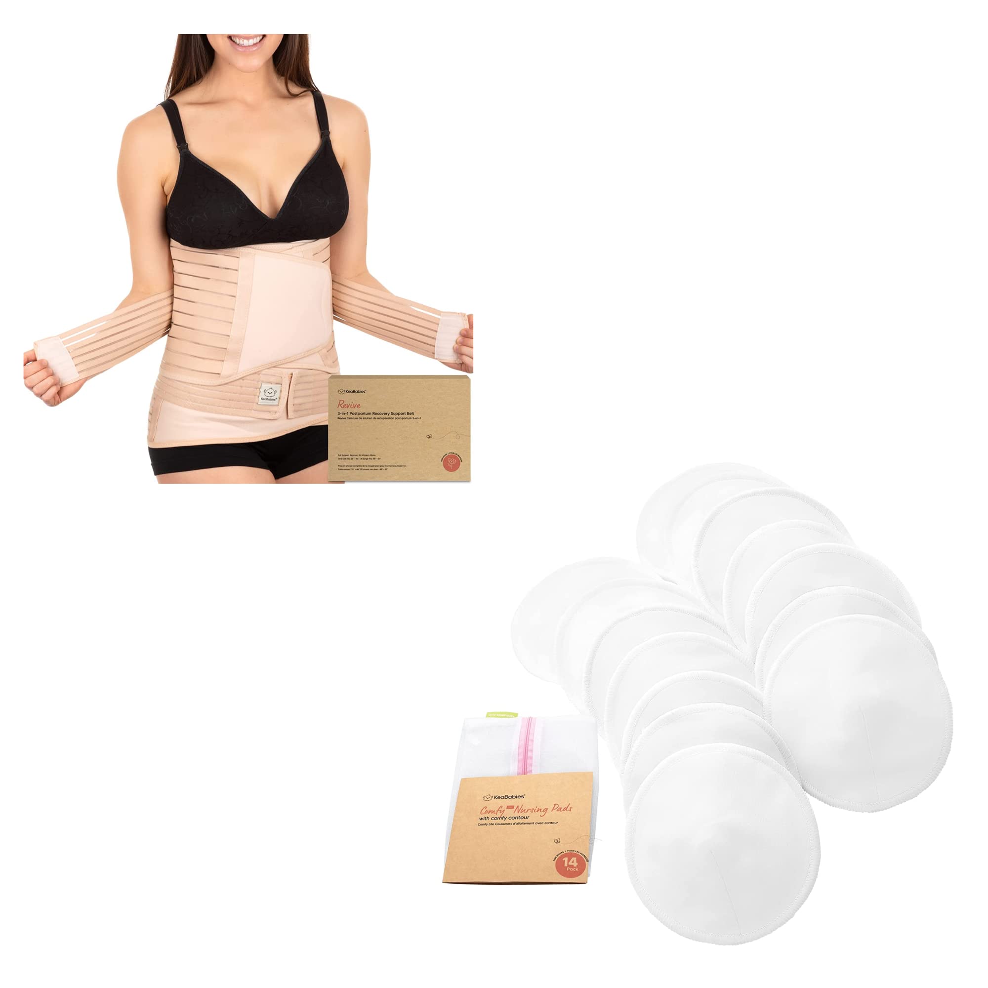 KeaBabies 3 in 1 Postpartum Belly Support Recovery Wrap and Organic Bamboo 3-Layers Nursing Breast Pads - Postpartum Belly Band - 14 Washable Pads + Wash Bag - After Birth Brace - Breastfeeding Pad