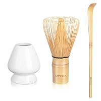MYCHA-Traditional Matcha Ceremony Accessory, Matcha Whisk (Chasen)+Tea Scoop (Chashaku)+Ceramic Whisk Holder, The Perfect Set to Make a Traditional Cup of Matcha. (White)