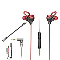 Gaming Earbuds with Detachable Dual Microphone, in-Ear Gaming Headset, 3.5 MM Wired Gaming Earphone for for Mobile Gaming, PC, PS4, Xbox One, Laptop, Cellphone (Red)